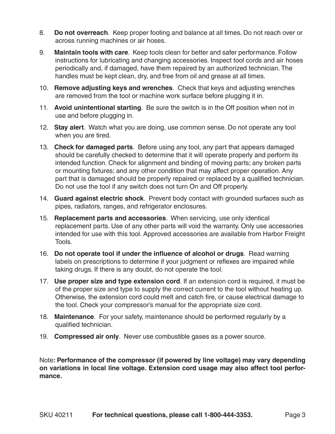 Harbor Freight Tools 40211 operating instructions SKU For technical questions, please call 