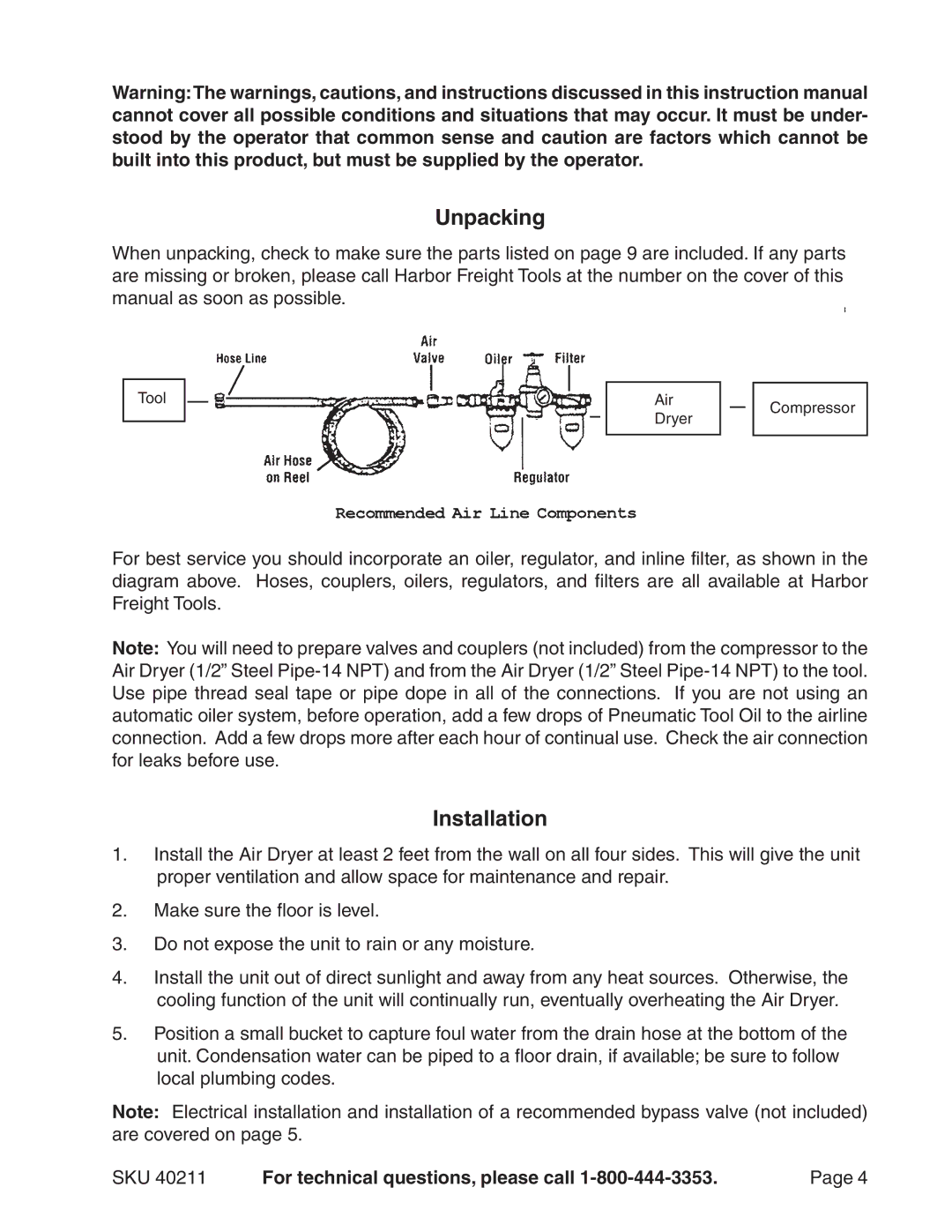 Harbor Freight Tools 40211 operating instructions Unpacking, Installation 