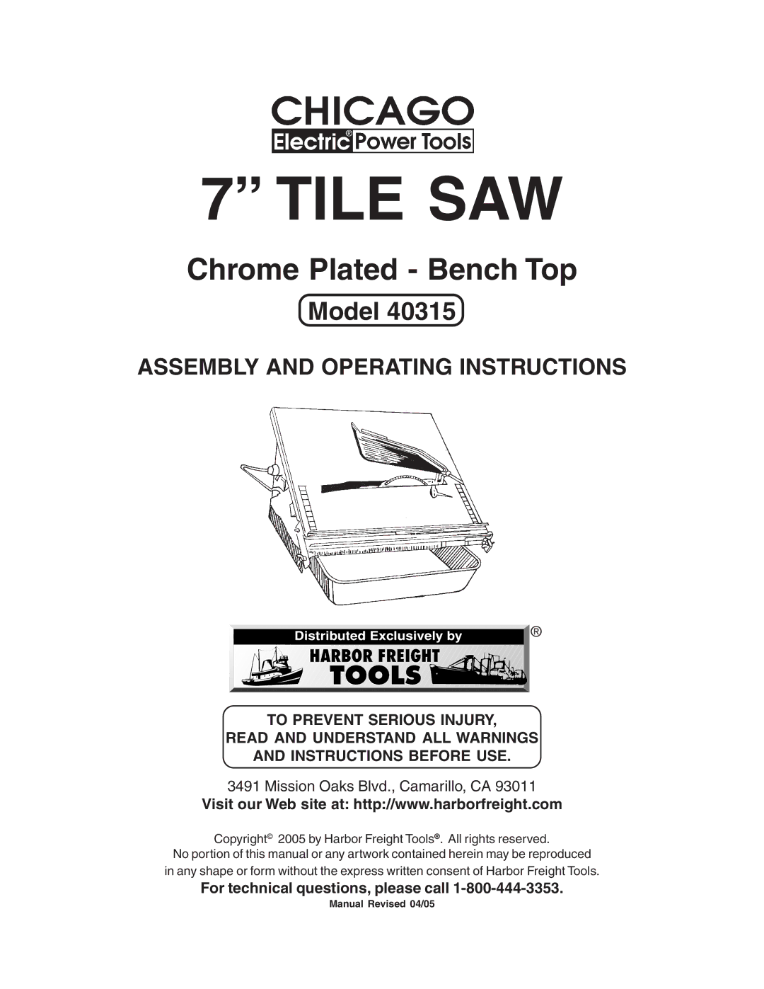 Harbor Freight Tools 40315 operating instructions Tile SAW, For technical questions, please call 