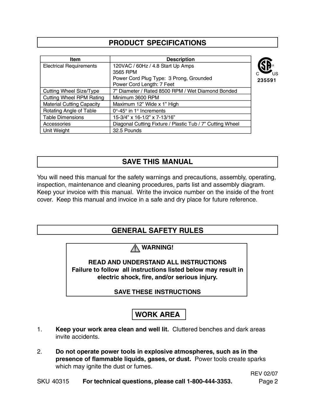 Harbor Freight Tools 40315 operating instructions Product Specifications, Save this Manual, General Safety Rules, Work Area 