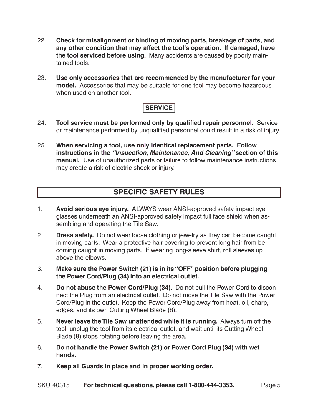 Harbor Freight Tools 40315 operating instructions Specific Safety Rules, Service 