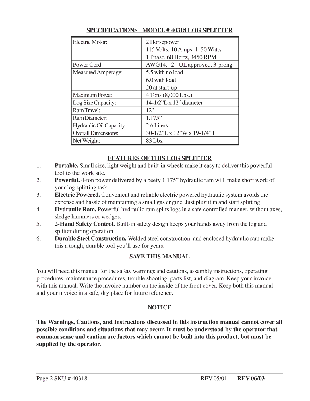 Harbor Freight Tools Specifications Model # 40318 LOG Splitter, Features of this LOG Splitter, Save this Manual 
