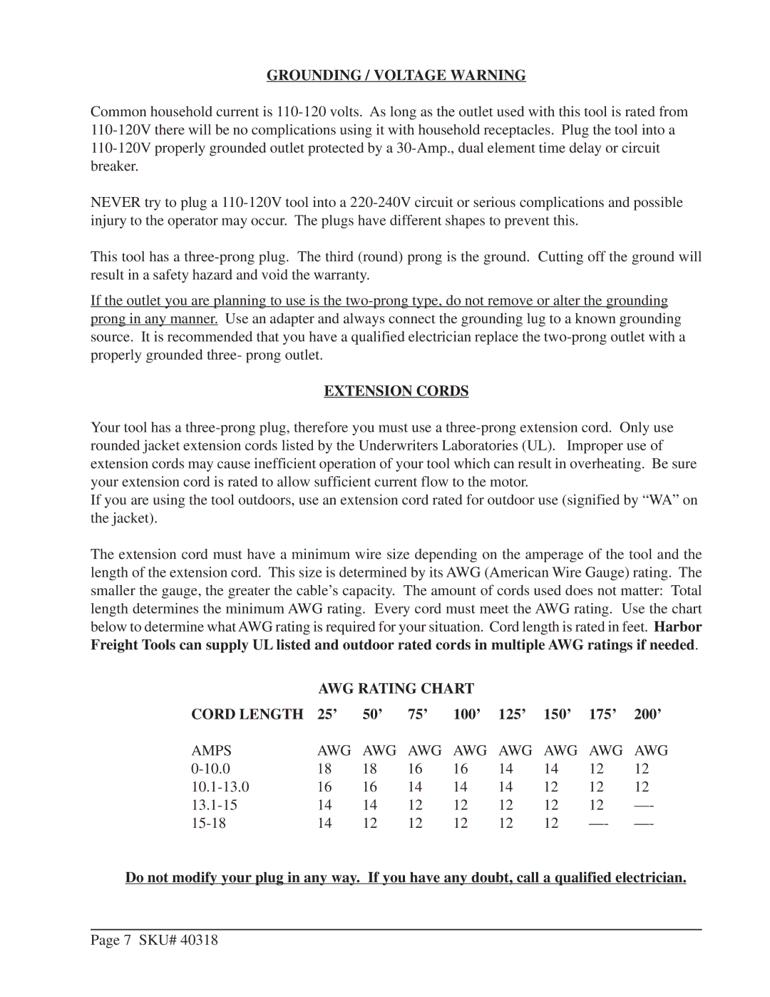 Harbor Freight Tools 40318 Grounding / Voltage Warning, Extension Cords, AWG Rating Chart Cord Length 