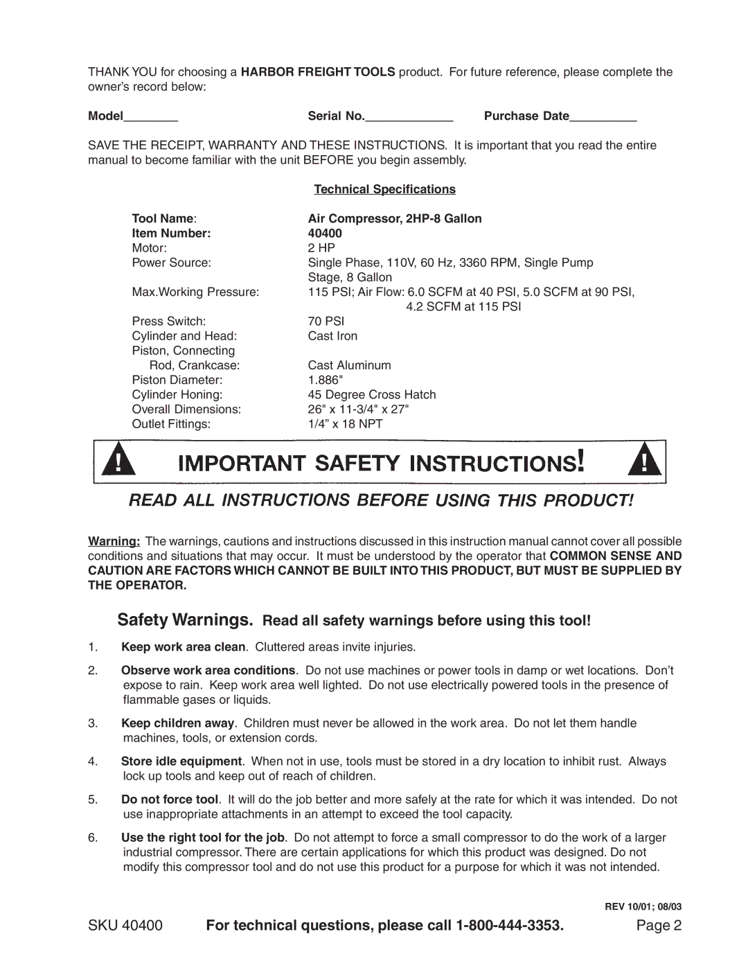 Harbor Freight Tools 40400 operating instructions SKU For technical questions, please call, Model Serial No Purchase Date 