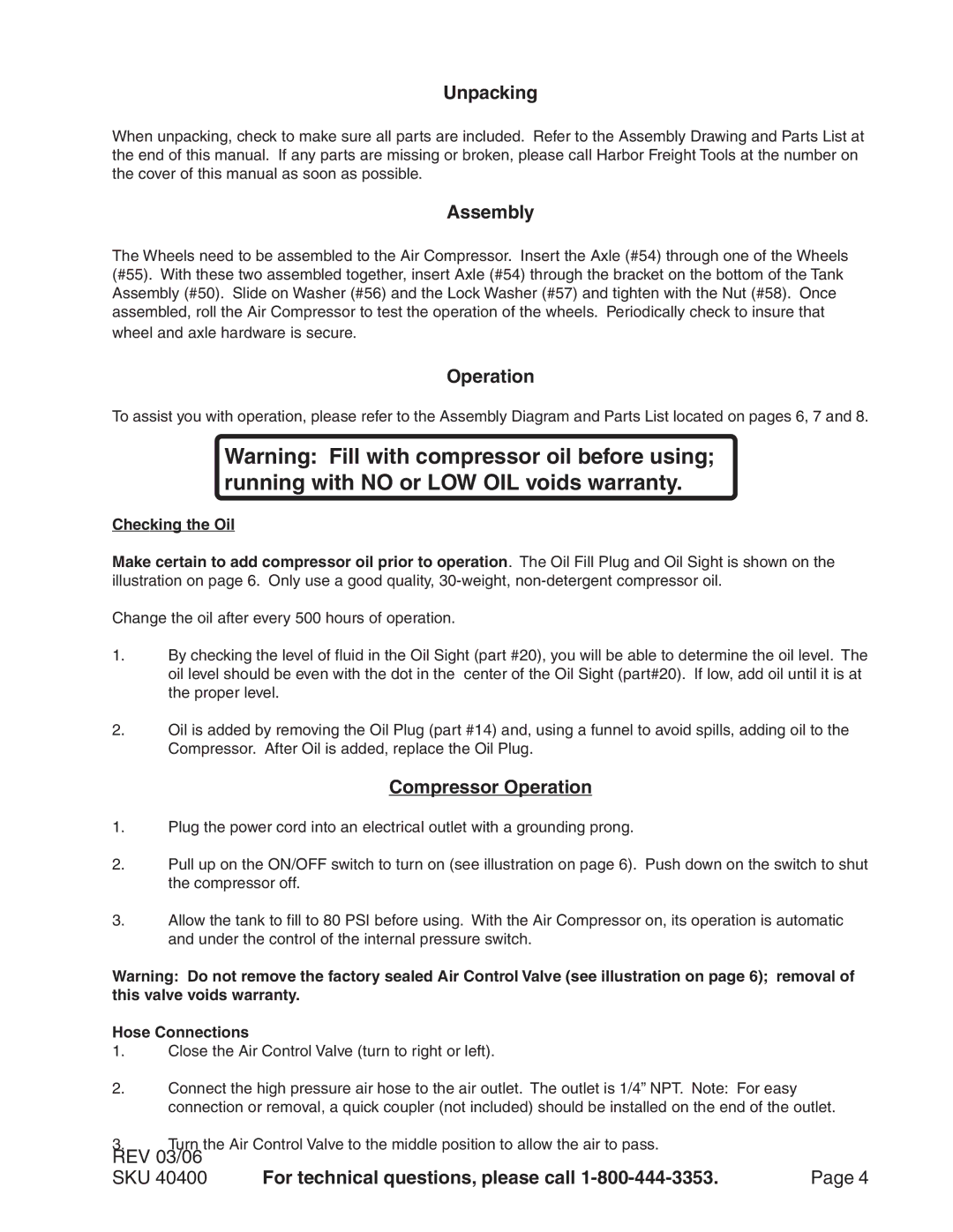 Harbor Freight Tools 40400 operating instructions Unpacking, Assembly, Compressor Operation, Hose Connections 