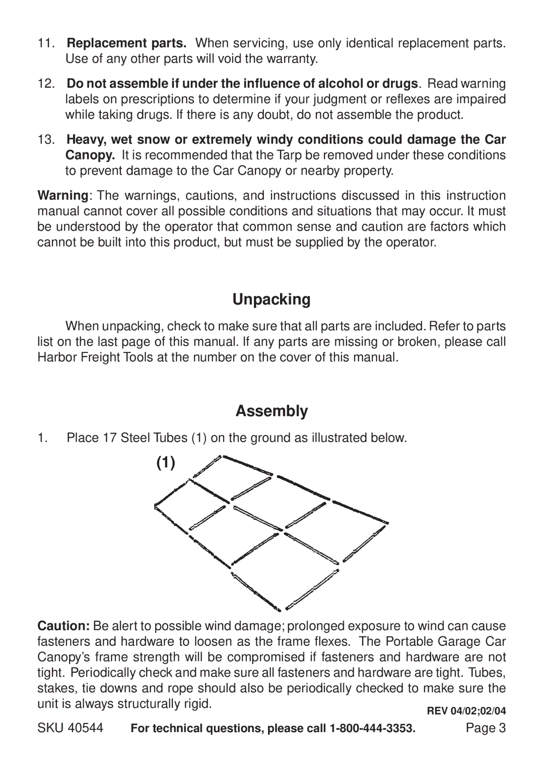 Harbor Freight Tools 40544 manual Unpacking, Assembly 