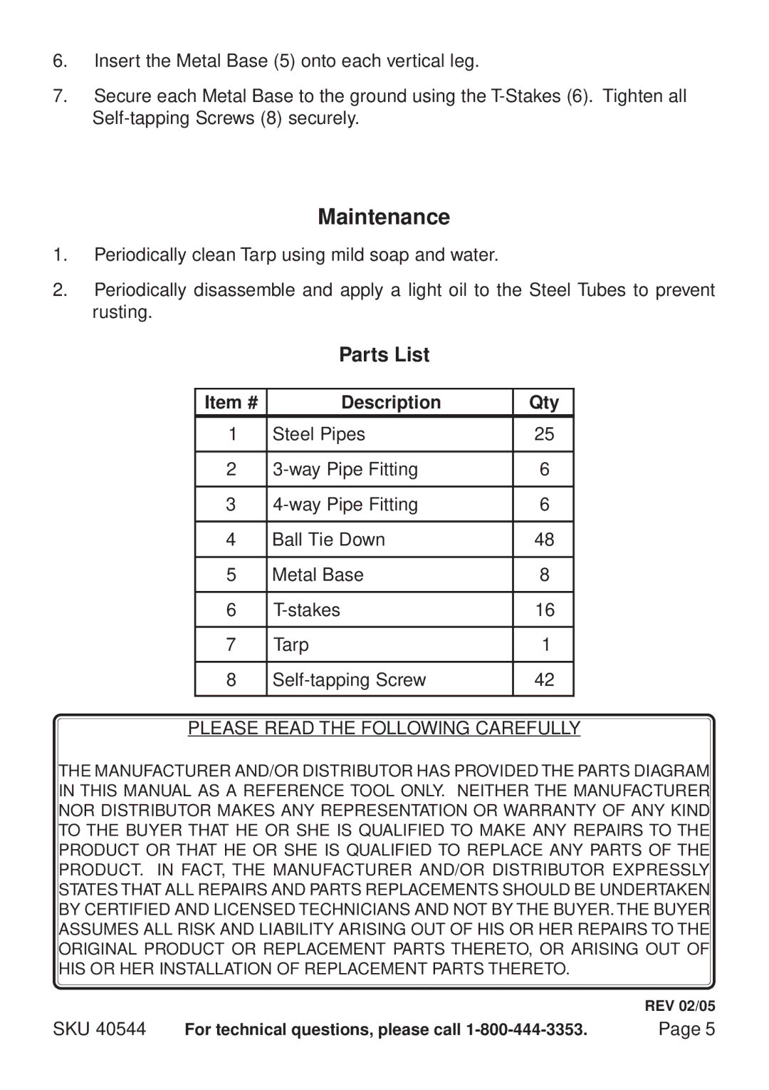 Harbor Freight Tools 40544 manual Maintenance, Item # Description Qty 