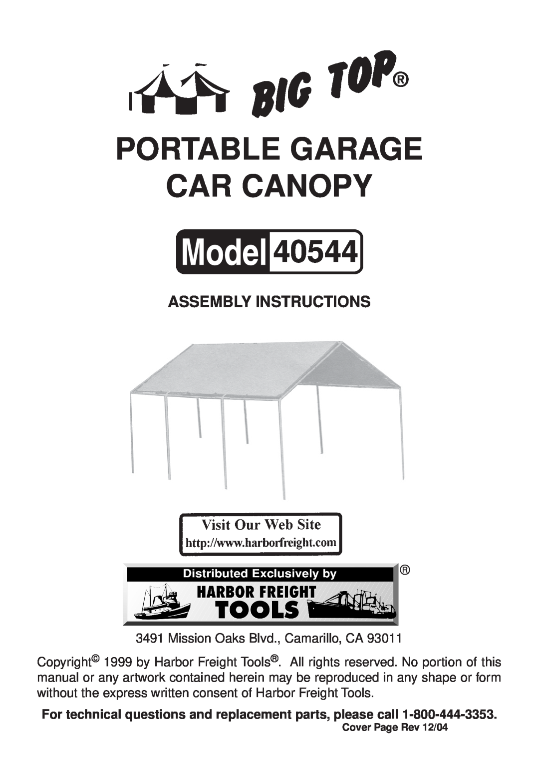 Harbor Freight Tools 40544 manual Assembly Instructions, Portable Garage Car Canopy, Cover Page Rev 12/04 