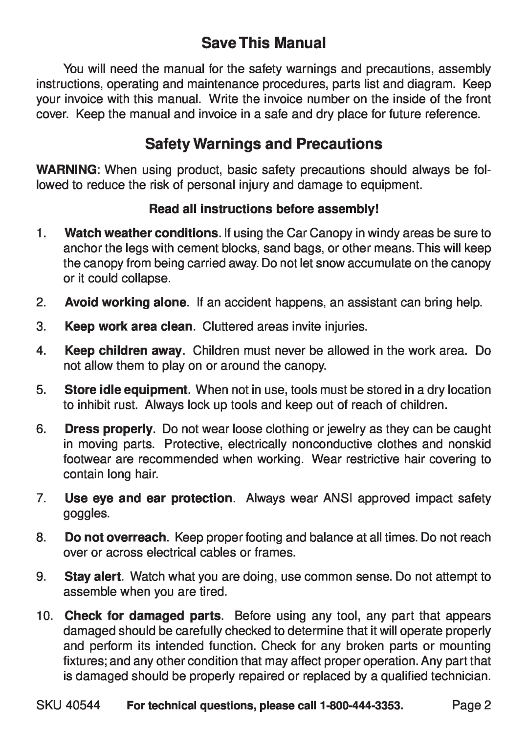 Harbor Freight Tools 40544 Save This Manual, Safety Warnings and Precautions, Read all instructions before assembly, Page 