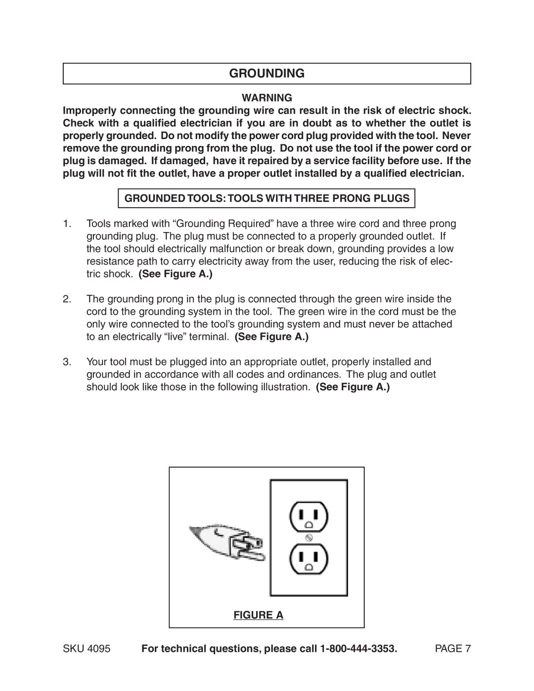 Harbor Freight Tools 4095 operating instructions Grounding, Grounded Tools Tools with Three Prong Plugs 