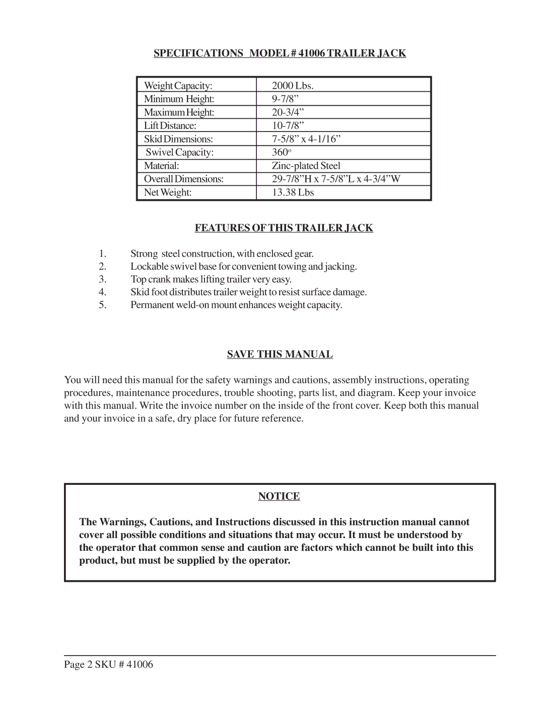 Harbor Freight Tools manual Specifications Model # 41006 Trailer Jack, Features of this Trailer Jack, Save this Manual 