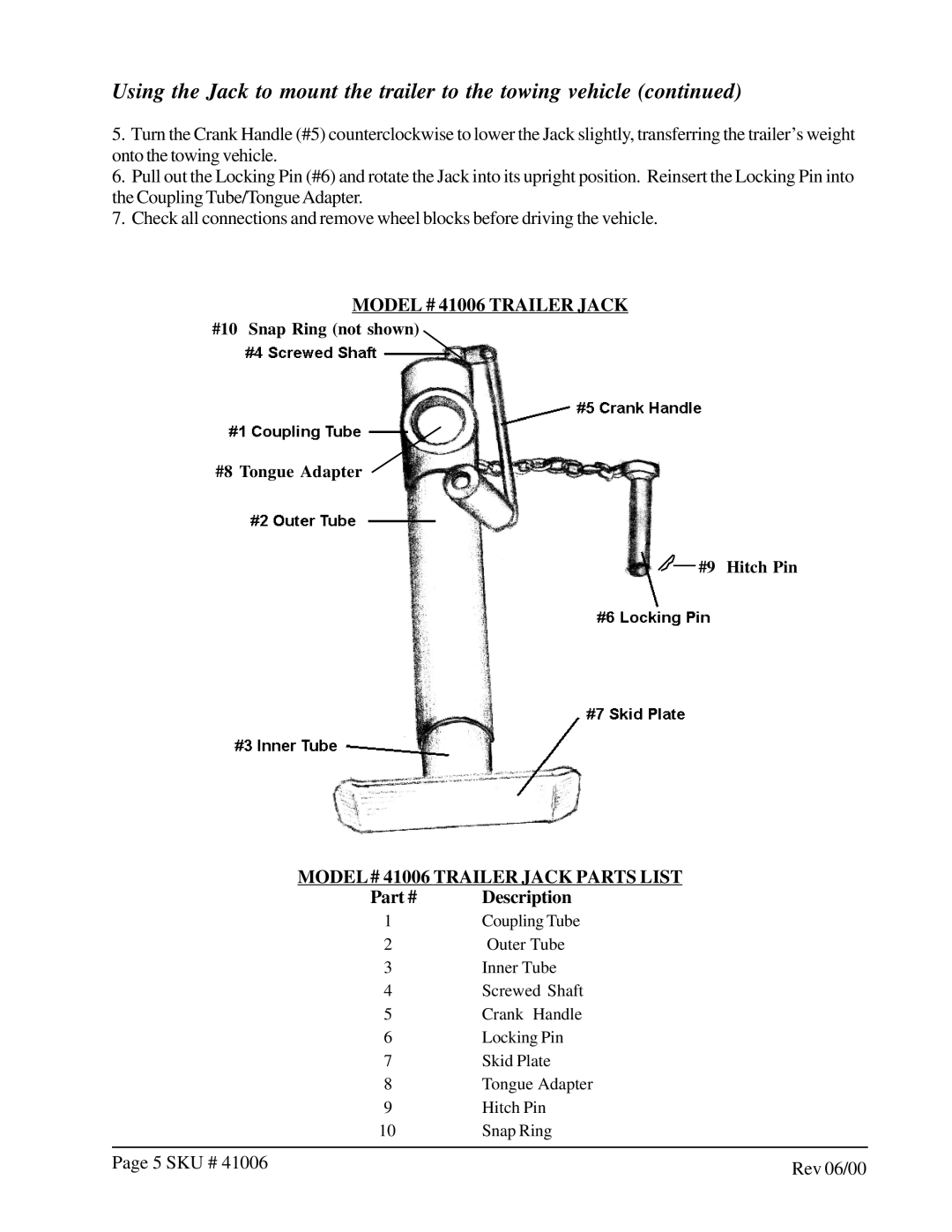 Harbor Freight Tools manual Model # 41006 Trailer Jack Parts List 