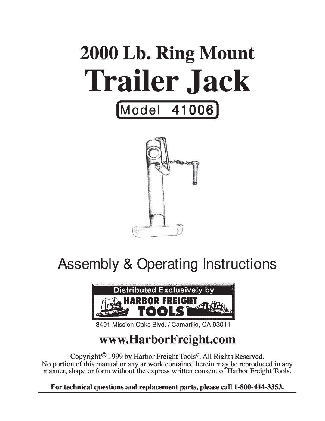 Harbor Freight Tools 41006 manual Trailer Jack, 2000 Lb. Ring Mount, Assembly & Operating Instructions, Model 