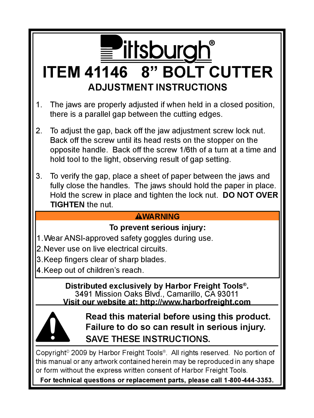 Harbor Freight Tools manual Item 41146 8 Bolt Cutter, Adjustment Instructions, To prevent serious injury 