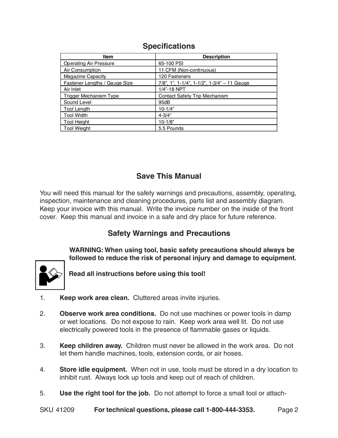 Harbor Freight Tools 41209 operating instructions Specifications, Save This Manual, Safety Warnings and Precautions 