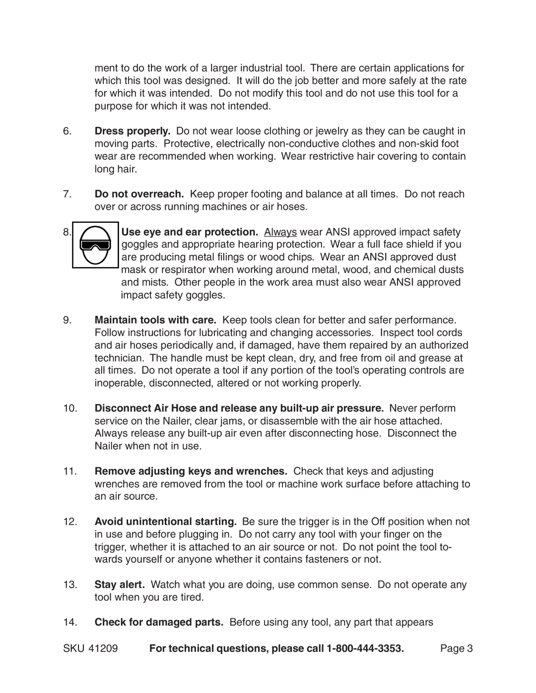 Harbor Freight Tools 41209 operating instructions SKU For technical questions, please call 