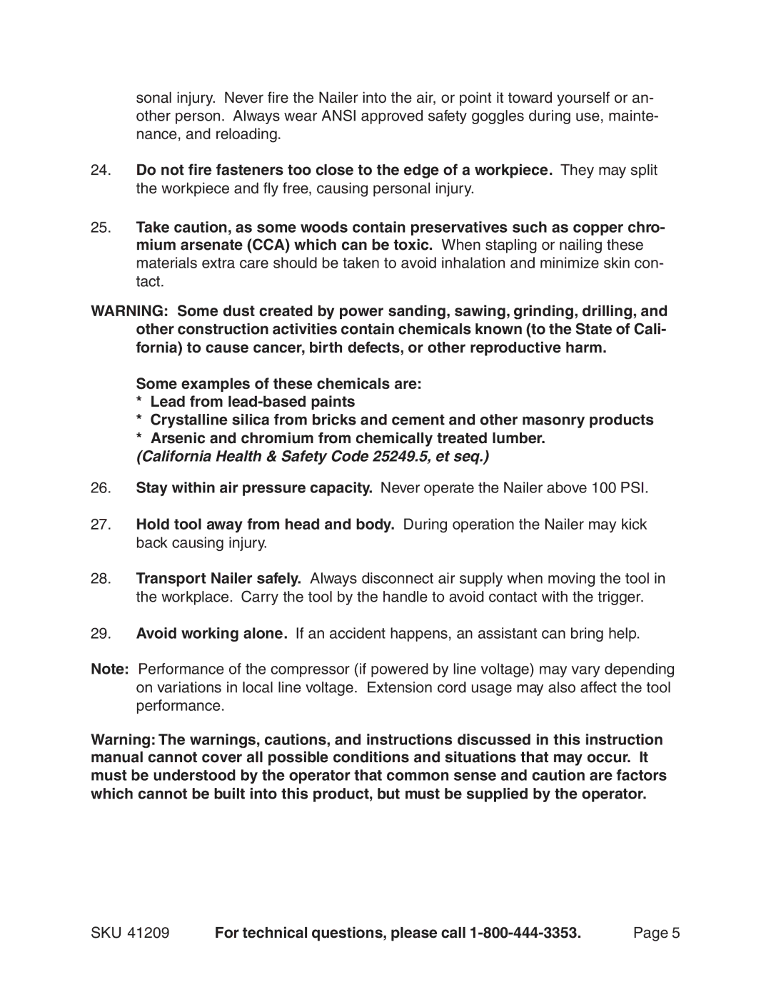 Harbor Freight Tools 41209 operating instructions California Health & Safety Code 25249.5, et seq 