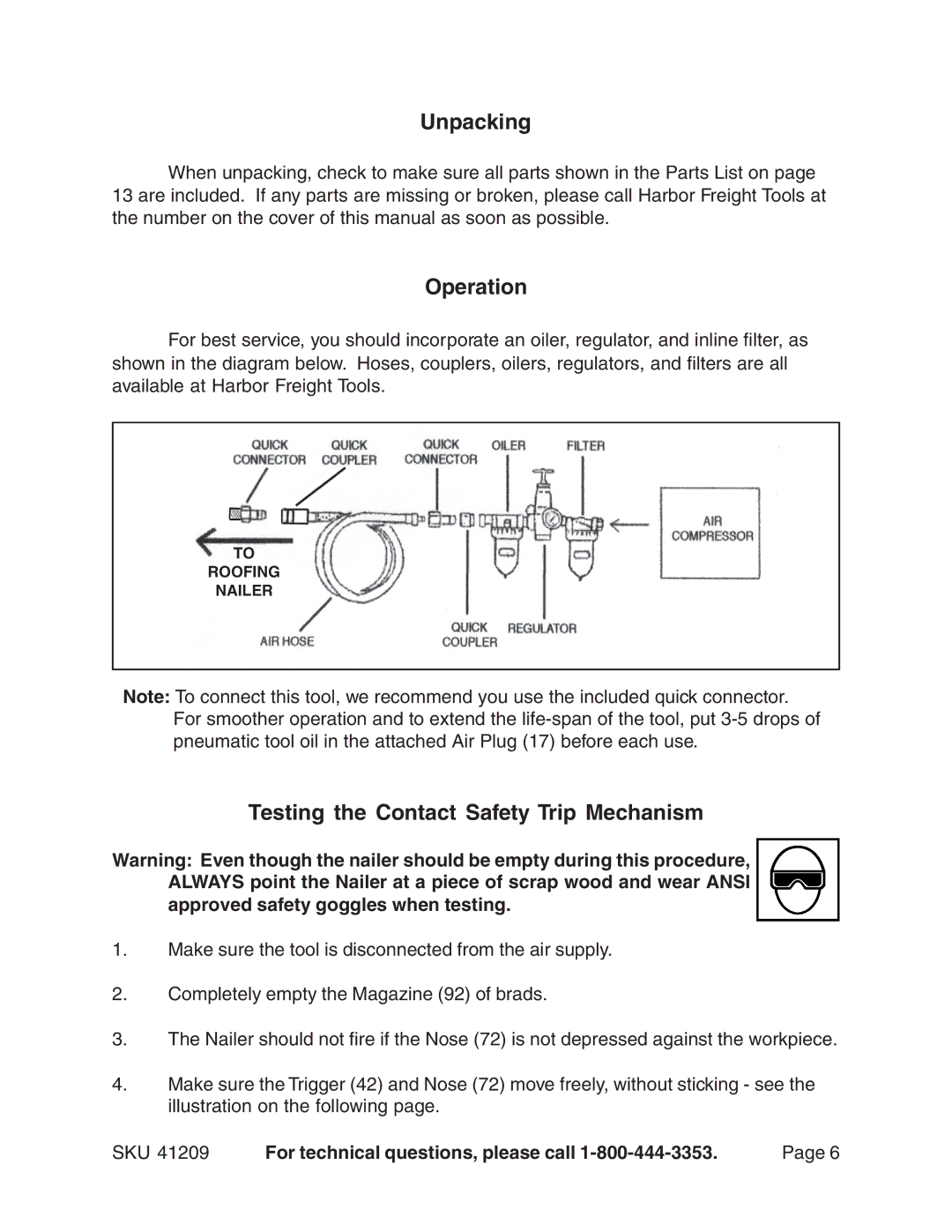 Harbor Freight Tools 41209 operating instructions Unpacking, Operation, Testing the Contact Safety Trip Mechanism 