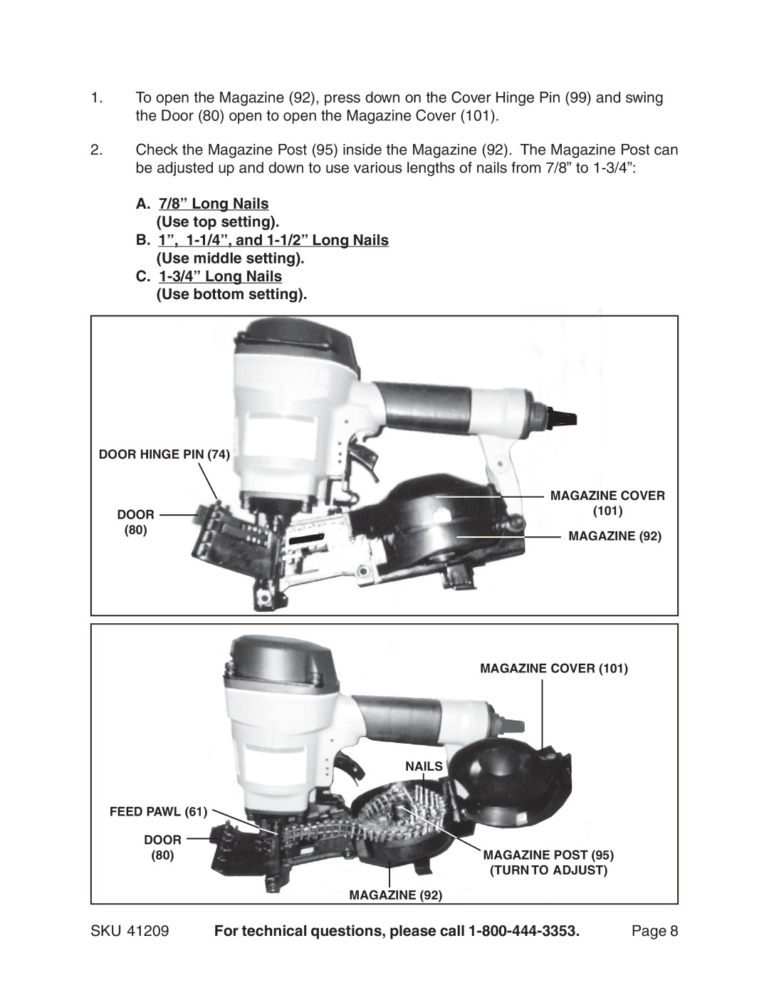 Harbor Freight Tools 41209 operating instructions Door Hinge PIN Magazine Cover 