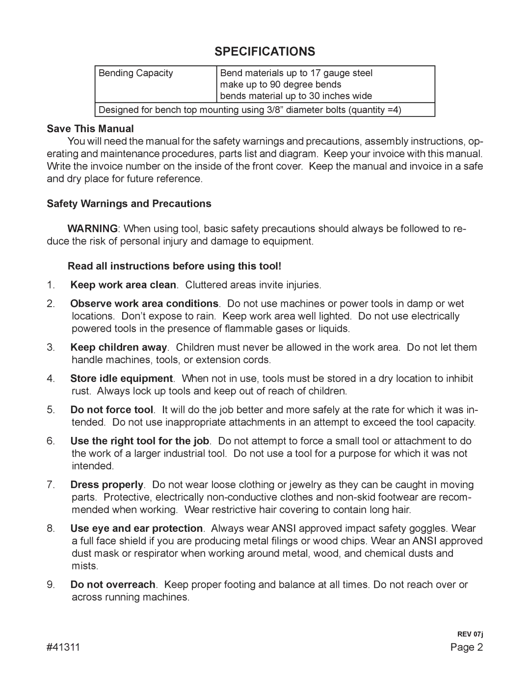 Harbor Freight Tools 41311 operating instructions Specifications, Save This Manual 