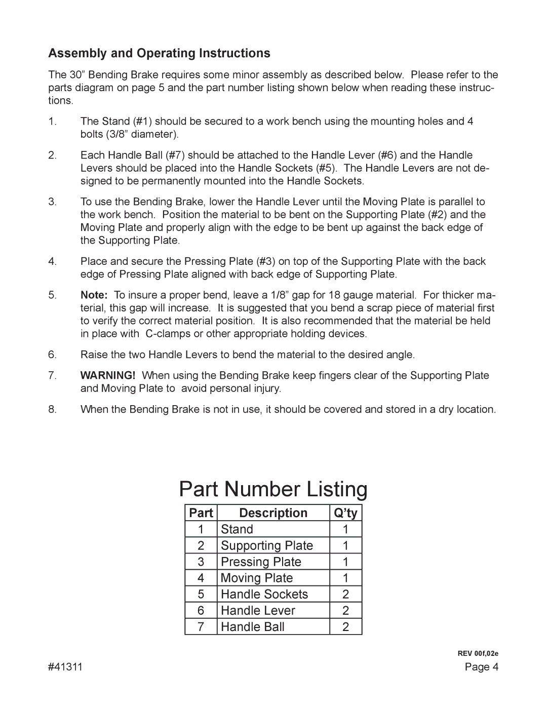 Harbor Freight Tools 41311 operating instructions Part Number Listing, Assembly and Operating Instructions, Description 