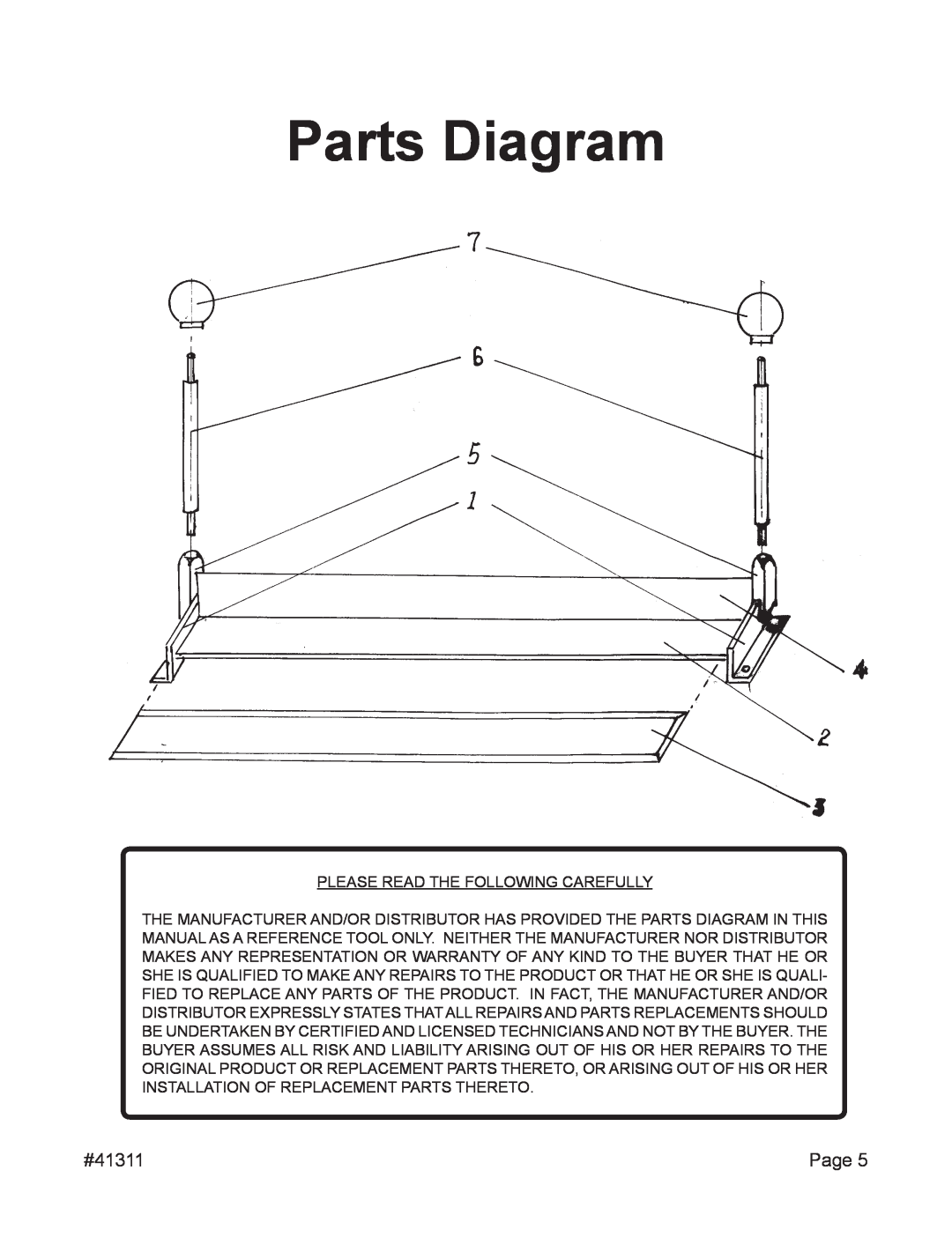Harbor Freight Tools operating instructions Parts Diagram, #41311 
