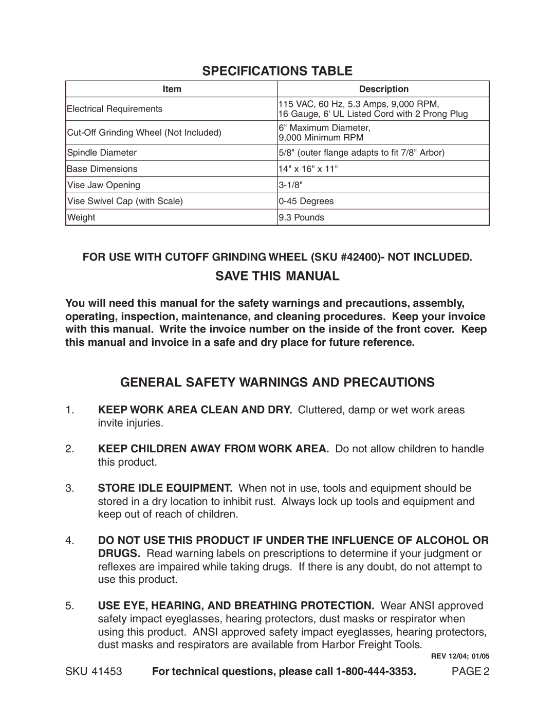 Harbor Freight Tools 41453 manual Specifications Table, Save this Manual, General Safety Warnings and Precautions 