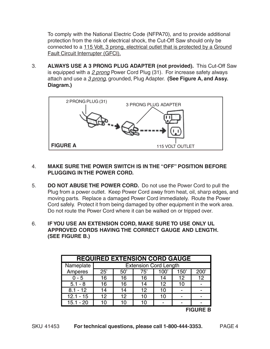 Harbor Freight Tools 41453 manual Required Extension Cord Gauge 