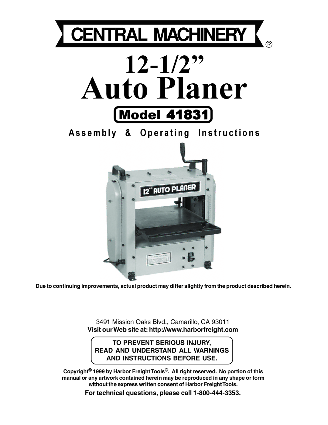 Harbor Freight Tools 41831 operating instructions Auto Planer 