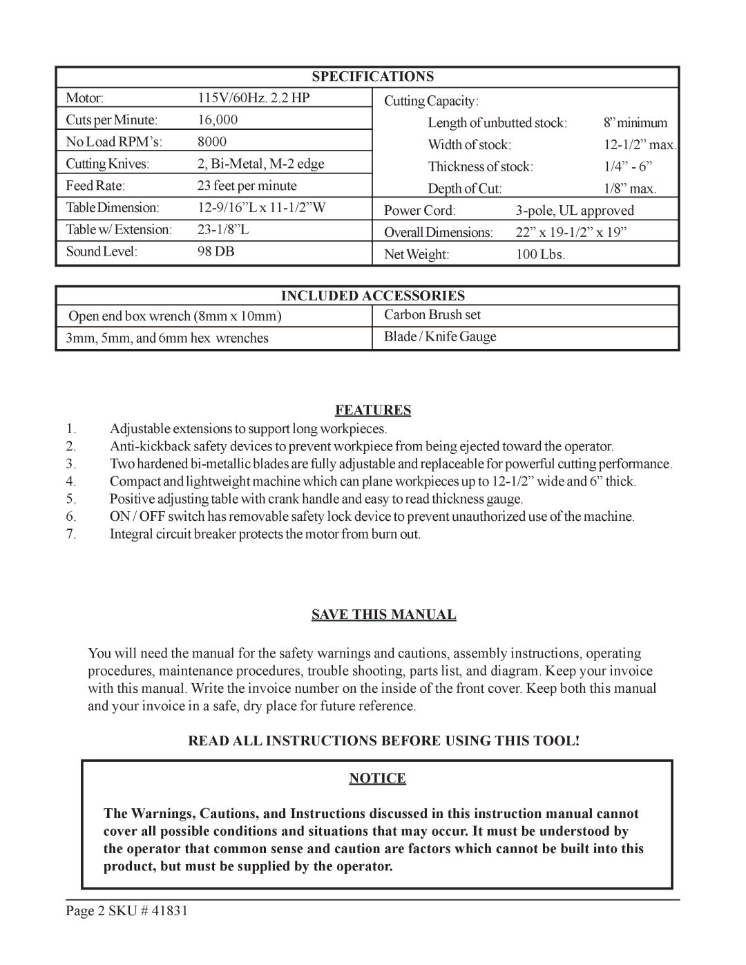 Harbor Freight Tools 41831 operating instructions Specifications, Included Accessories, Features, Save this Manual 