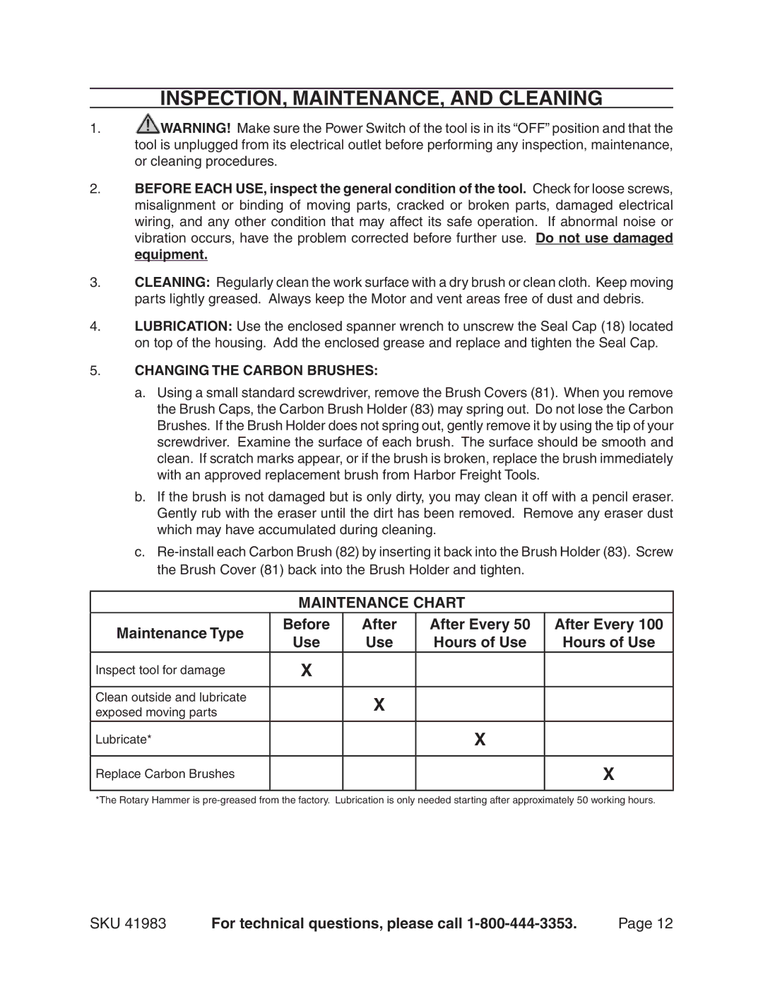 Harbor Freight Tools 41983 manual INSPECTION, MAINTENANCE, and Cleaning 