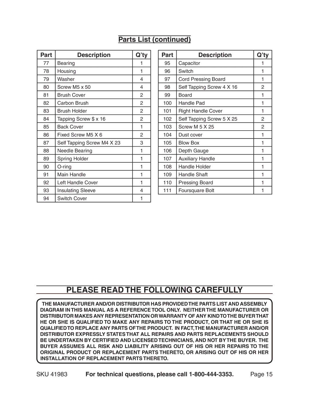 Harbor Freight Tools 41983 manual Please Read the Following Carefully, Parts List 