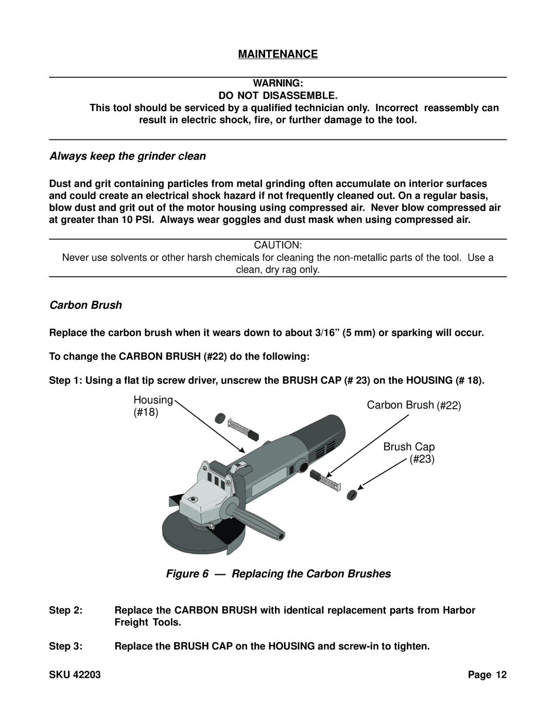 Harbor Freight Tools 42203 operating instructions Maintenance, Always keep the grinder clean, Carbon Brush 