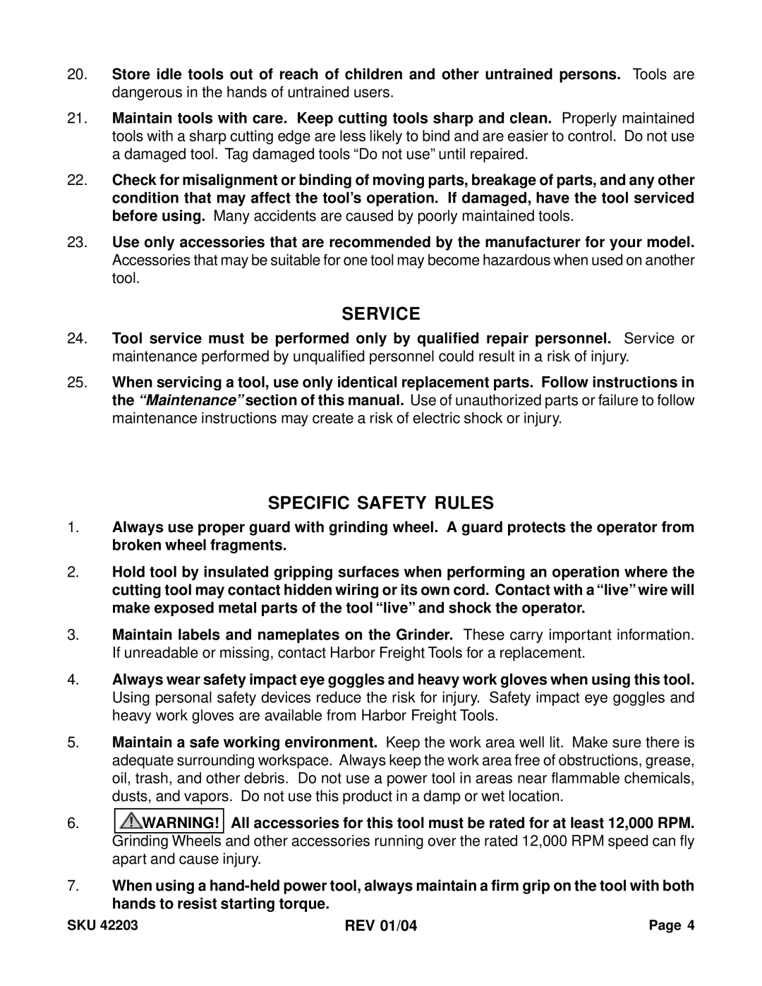 Harbor Freight Tools 42203 operating instructions Service, Specific Safety Rules 