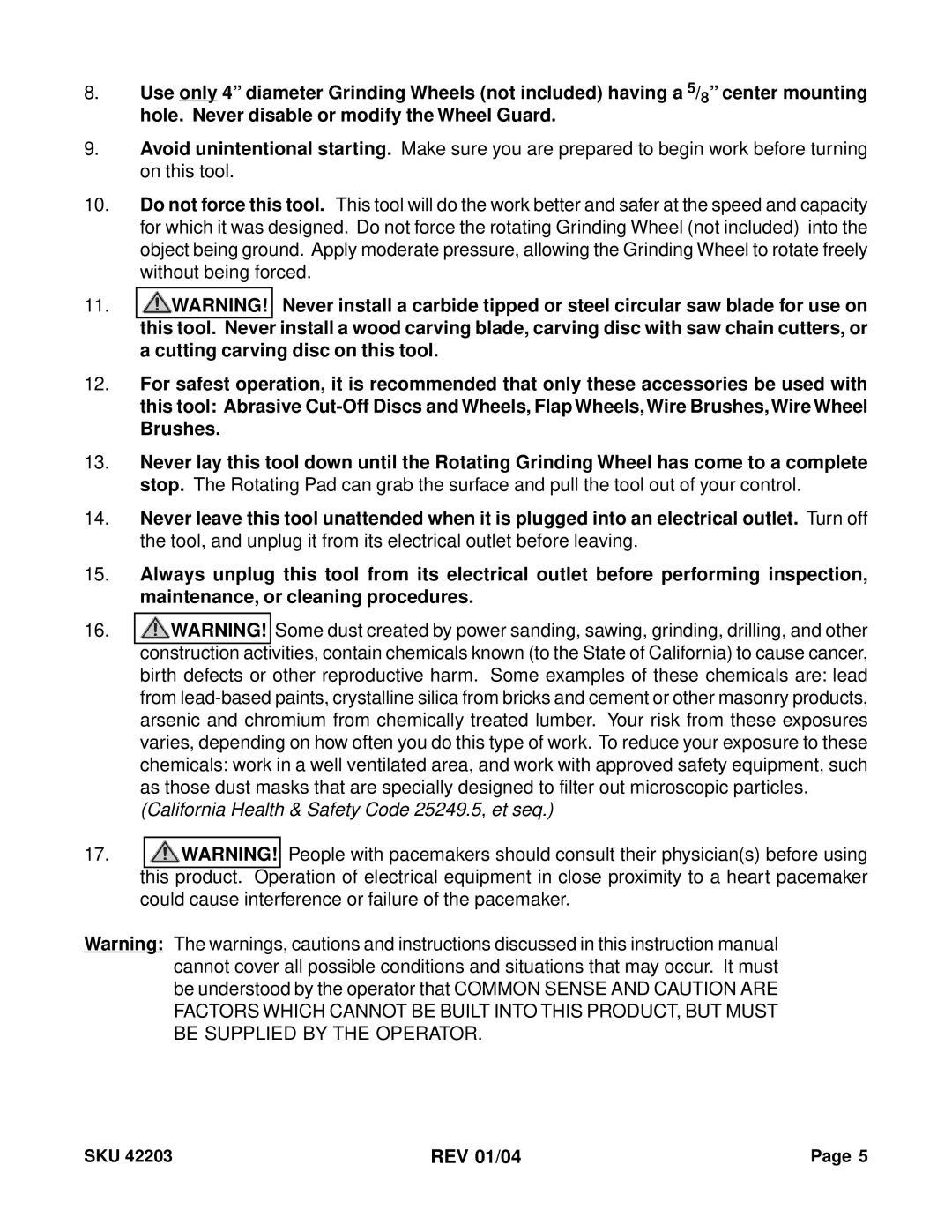 Harbor Freight Tools 42203 operating instructions California Health & Safety Code 25249.5, et seq 