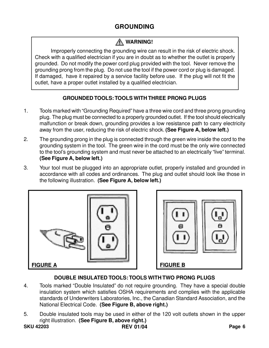 Harbor Freight Tools 42203 operating instructions Grounding, Grounded Tools Tools with Three Prong Plugs 