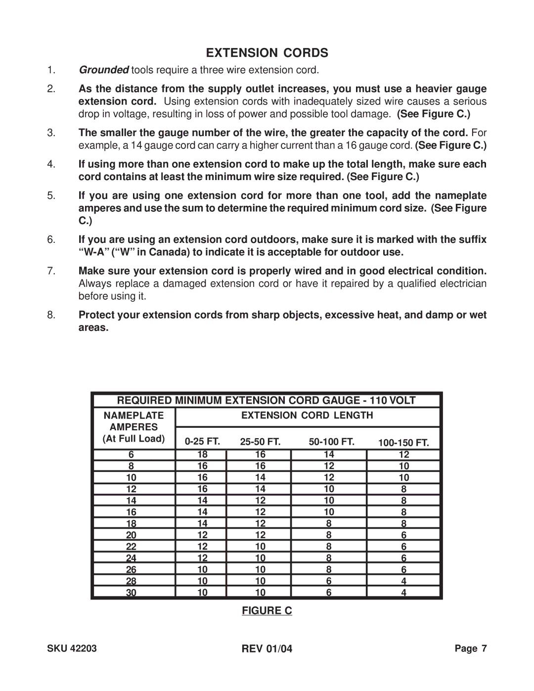 Harbor Freight Tools 42203 operating instructions Extension Cords, Grounded tools require a three wire extension cord 