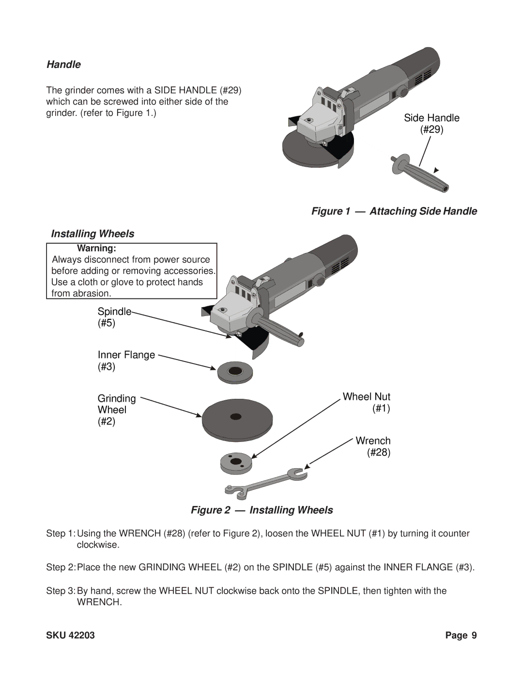 Harbor Freight Tools 42203 operating instructions Handle, Installing Wheels, Wheel Nut #1 Wrench #28 