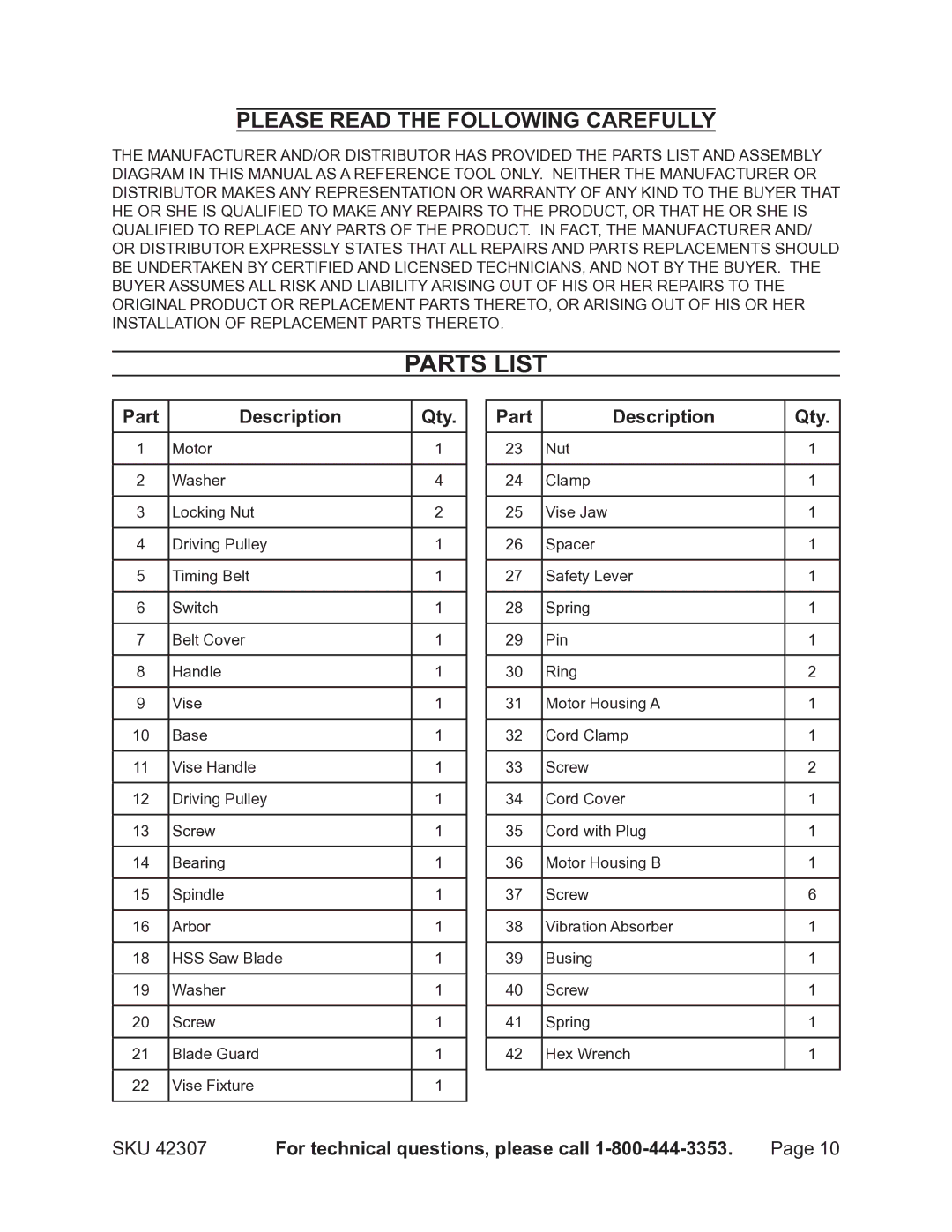 Harbor Freight Tools 42307 operating instructions Parts List, Part Description Qty 