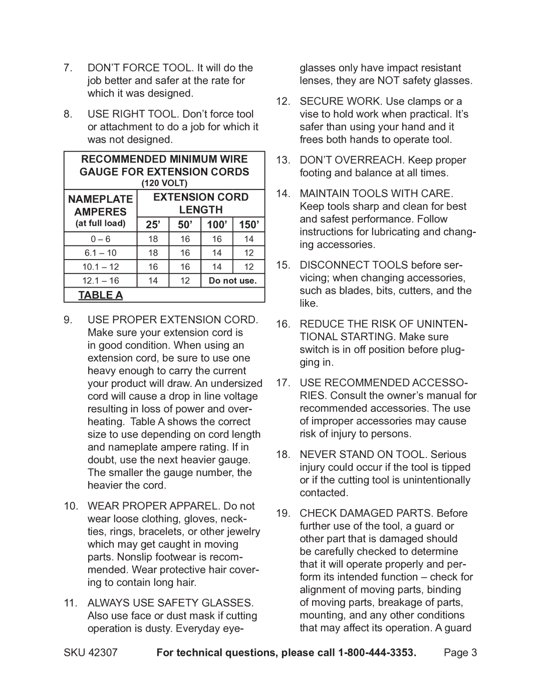 Harbor Freight Tools 42307 operating instructions 25’ 50’ 100’ 150’, Table a 