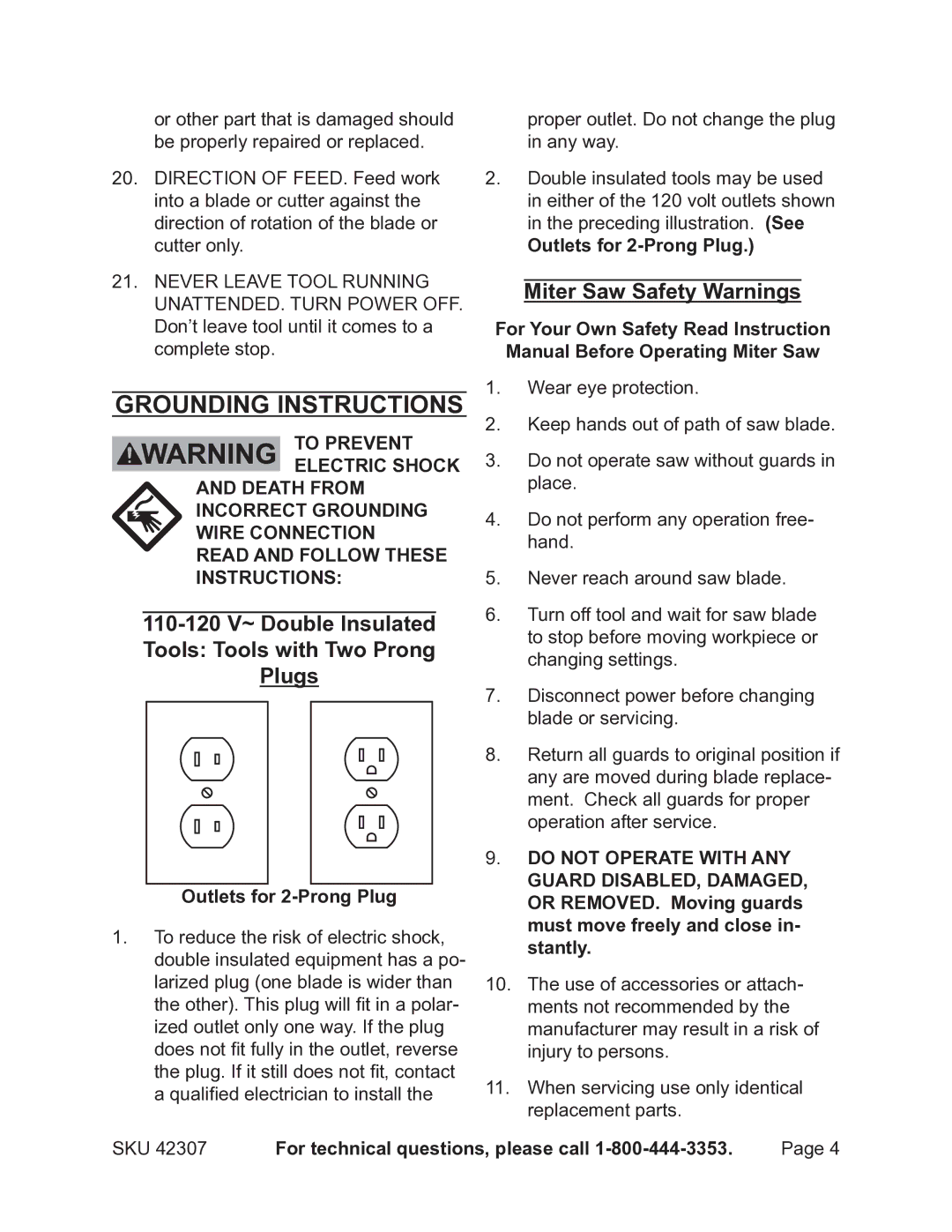 Harbor Freight Tools 42307 Grounding Instructions, Miter Saw Safety Warnings, Outlets for 2-Prong Plug 