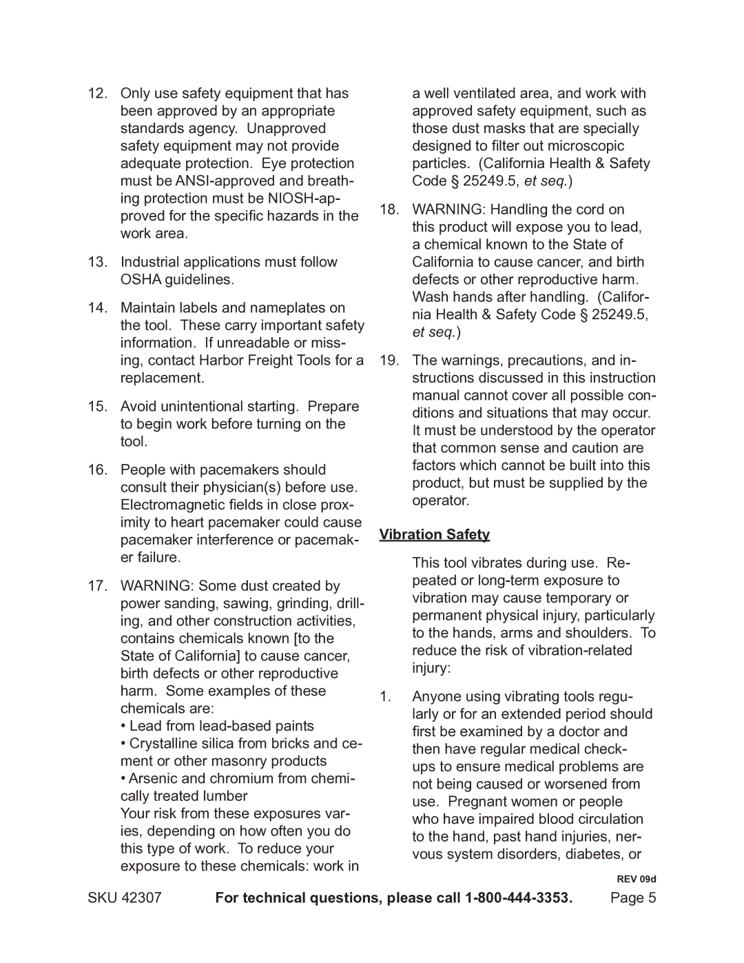 Harbor Freight Tools 42307 operating instructions Vibration Safety 