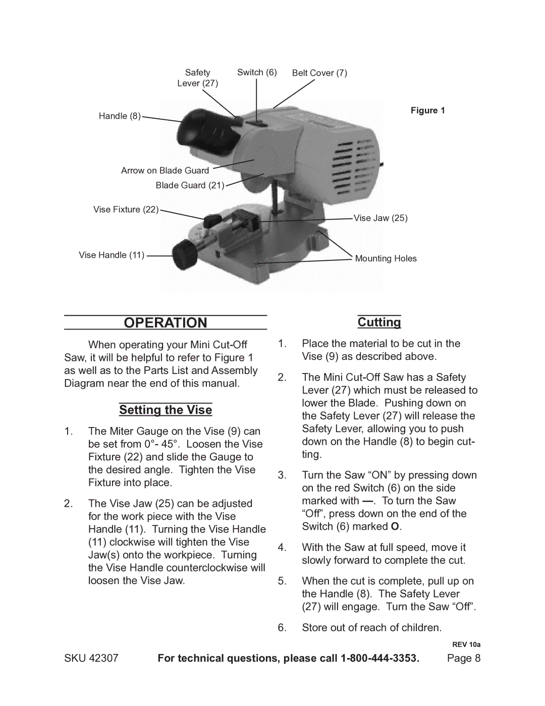 Harbor Freight Tools 42307 operating instructions OperationCutting, Setting the Vise 