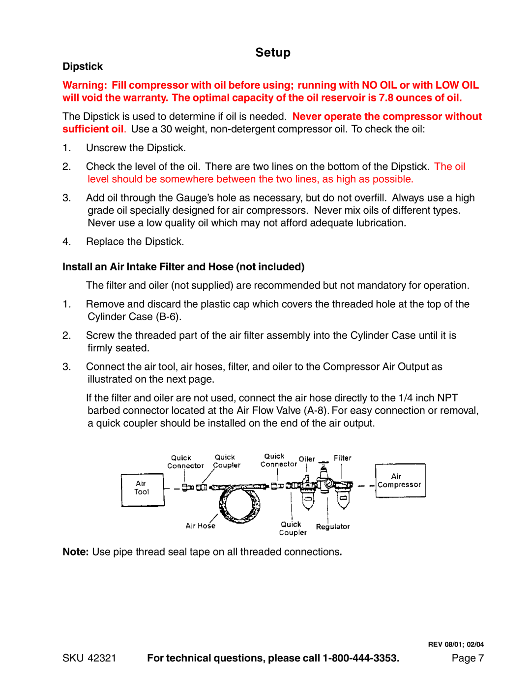 Harbor Freight Tools 42321 manual Setup, Dipstick, Install an Air Intake Filter and Hose not included 