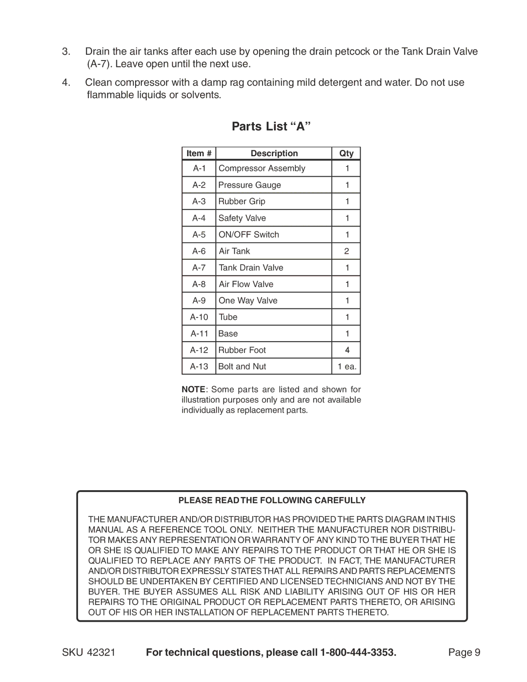 Harbor Freight Tools 42321 manual Parts List a, Item # Description Qty 