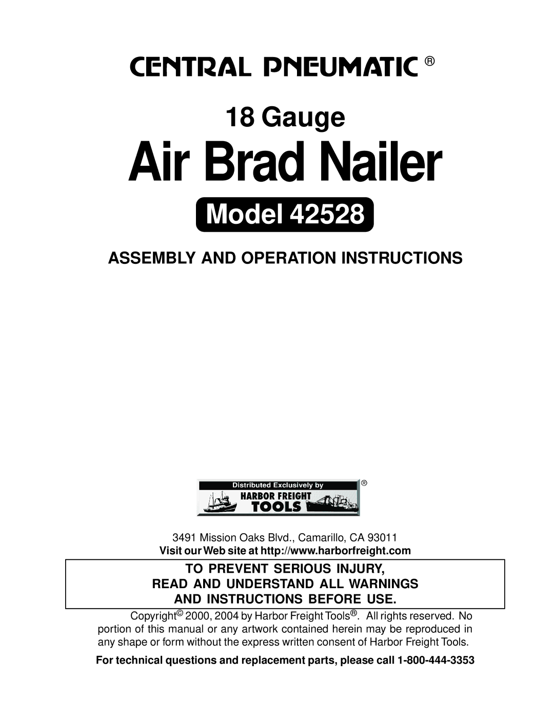 Harbor Freight Tools 42528 manual Air Brad Nailer, For technical questions and replacement parts, please call 