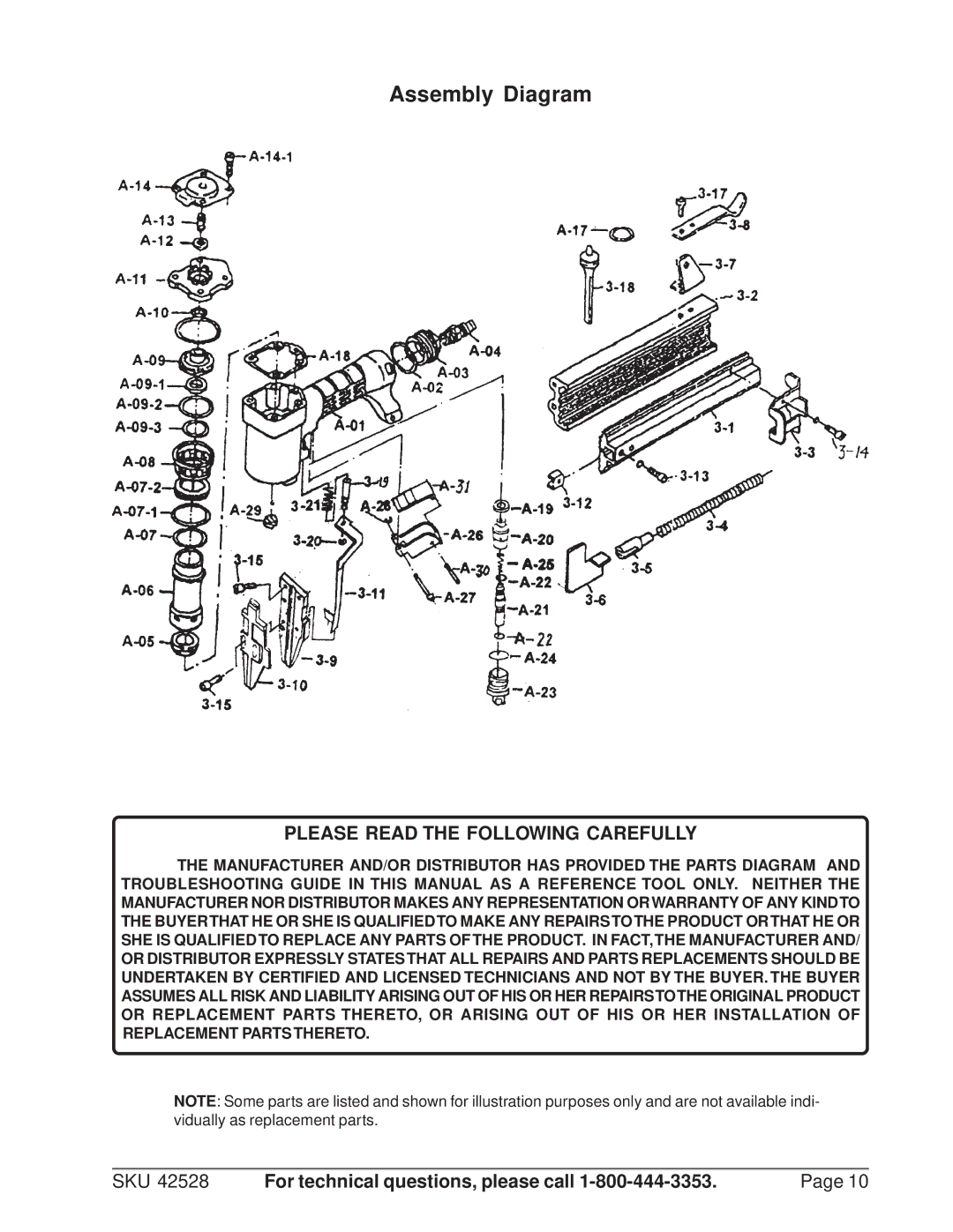 Harbor Freight Tools 42528 manual Assembly Diagram, Please Read the Following Carefully 