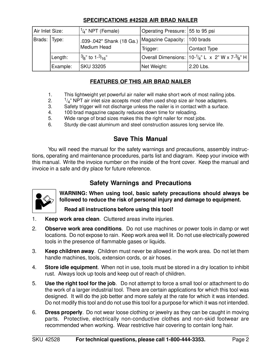 Harbor Freight Tools manual Save This Manual, Safety Warnings and Precautions, Specifications #42528 AIR Brad Nailer 