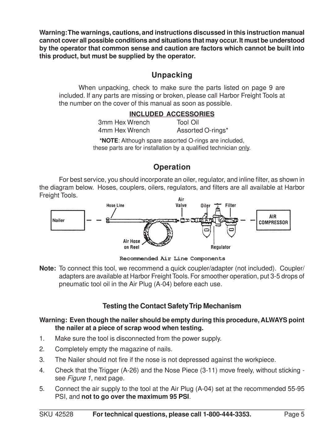 Harbor Freight Tools 42528 manual Unpacking, Operation, Testing the Contact Safety Trip Mechanism, Included Accessories 