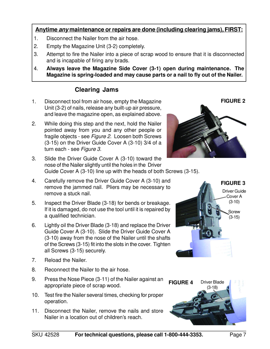 Harbor Freight Tools 42528 manual Clearing Jams 